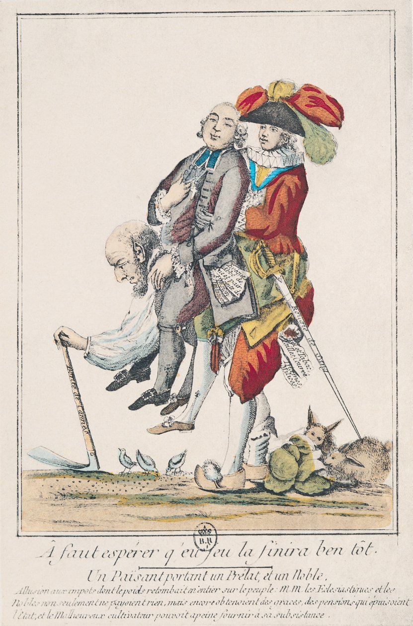 O jogo deve terminar em breve, um camponês carregando um clérigo e um nobre, 1789 (ver também 158273) de French School