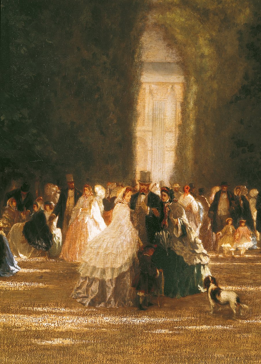 O Jardim das Tulherias durante o Segundo Império, detalhe de um grupo com um cão de French School