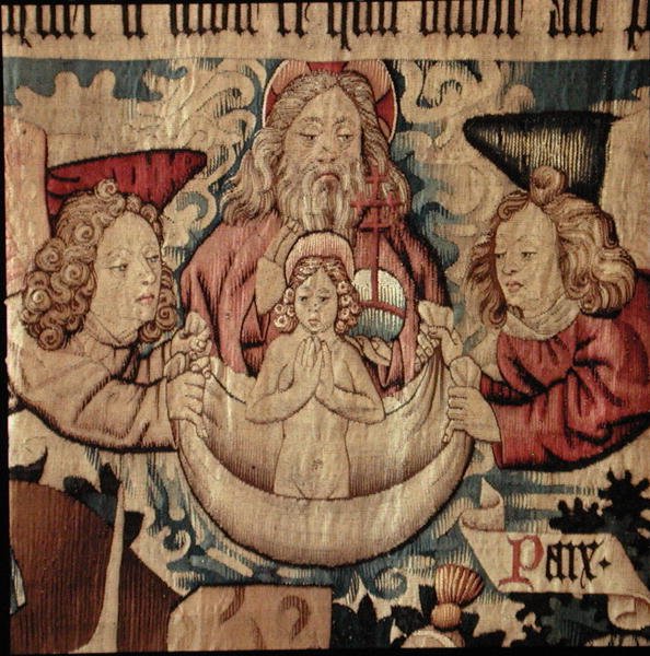 O Espírito Santo Levado por Dois Anjos e Recebido ao Céu por Deus Pai, da Vida de São Pedro (tapeçaria de lã) de French School