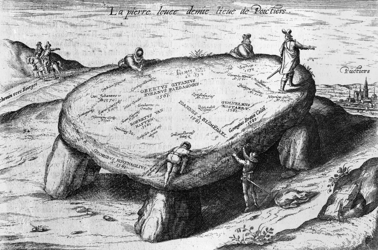 A pedra levantada, ilustração de &39;Pantagruel&39; por Francois Rabelais (1494-1553) 1580 de French School