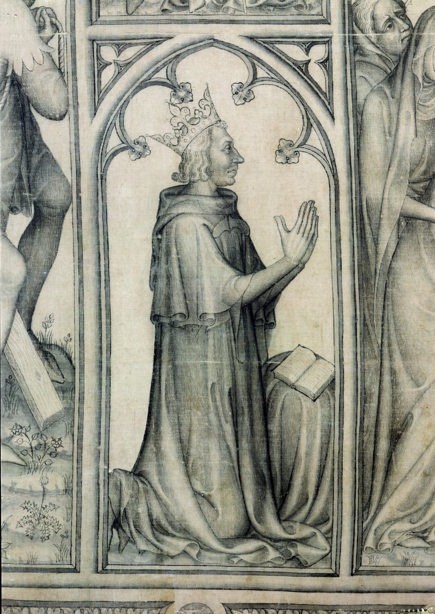 O Parement de Narbonne, detalhe de Charles V (1338-80) rezando, c.1375 (grisaille em seda) (detalhe de 83469) de French School