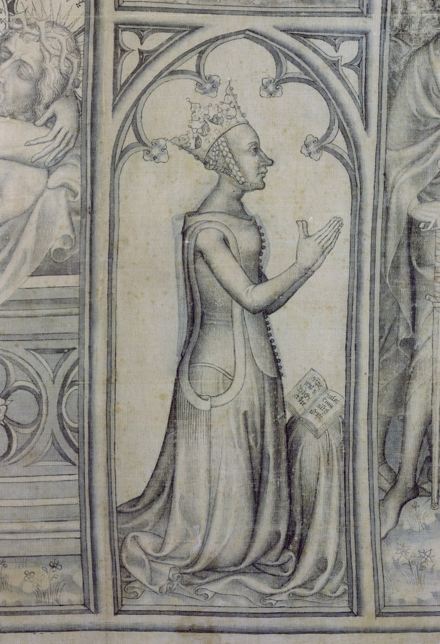 O parmento de Narbonne, detalhe de Jeanne de Bourbon (1338-77) rezando, c.1375 (grisaille em seda) (detalhe de 83469) de French School