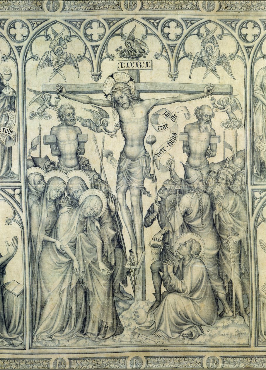 O Parement de Narbonne, detalhe da Crucificação, c.1375 (grisaille on silk) (detalhe de 83469) de French School