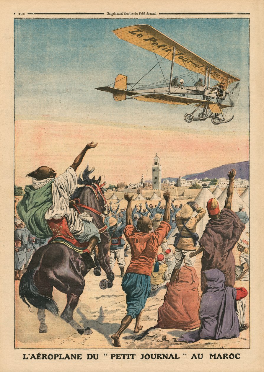 O avião &39;Petit Journal&39; sobrevoando o Marrocos, ilustração de &39;Le Petit Journal&39;, suplemento ilustrado, 1º de outubro de 1911 de French School