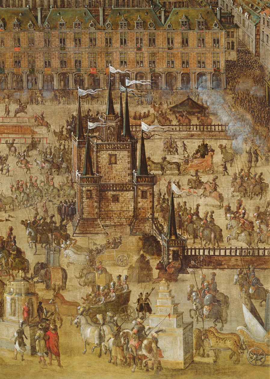 A Place Royale e o Carrossel em 1612, detalhe do Palais de la Felicite e os carros (detalhe de 161010) de French School