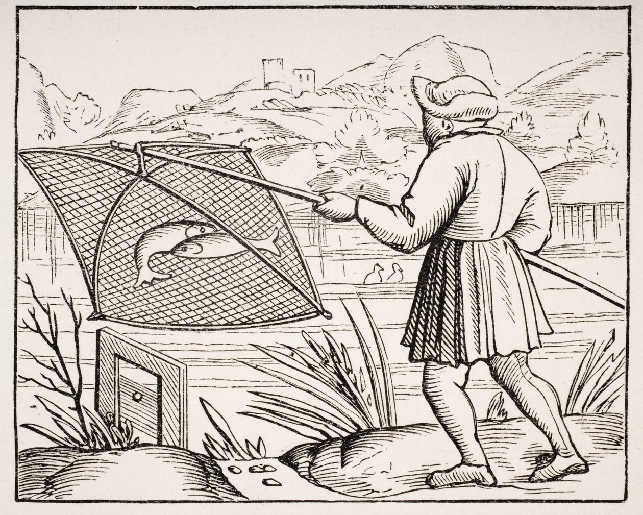 The Pond Fisherman, após uma xilogravura em &39;Cosmografia Universal&39; de 1549, de &39;A Idade Média e o Renascimento&39; de Paul Lacroix (1806-84) publicou 1847 de French School