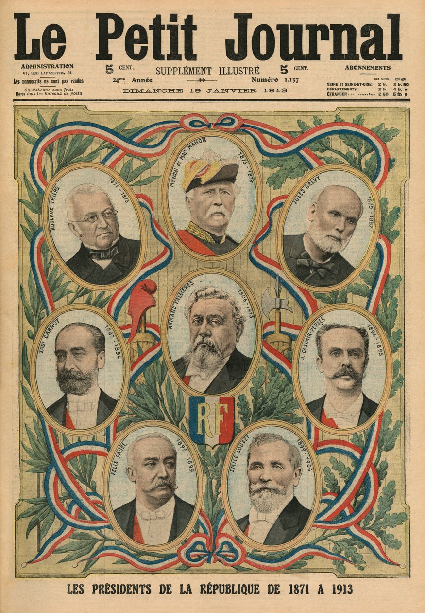 Os Presidentes da República Francesa de 1817 a 1913, ilustração da capa do &39;Le Petit Journal&39;, suplemento ilustre, 19 de janeiro de 1913 de French School