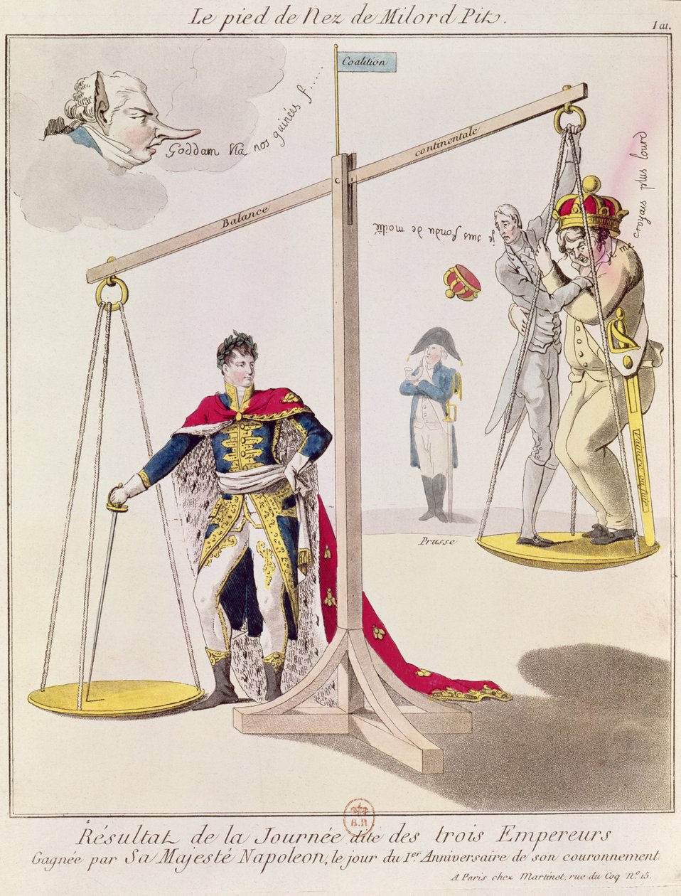 O resultado do dia dos três imperadores, caricatura desenhada após a batalha de Austerlitz de French School