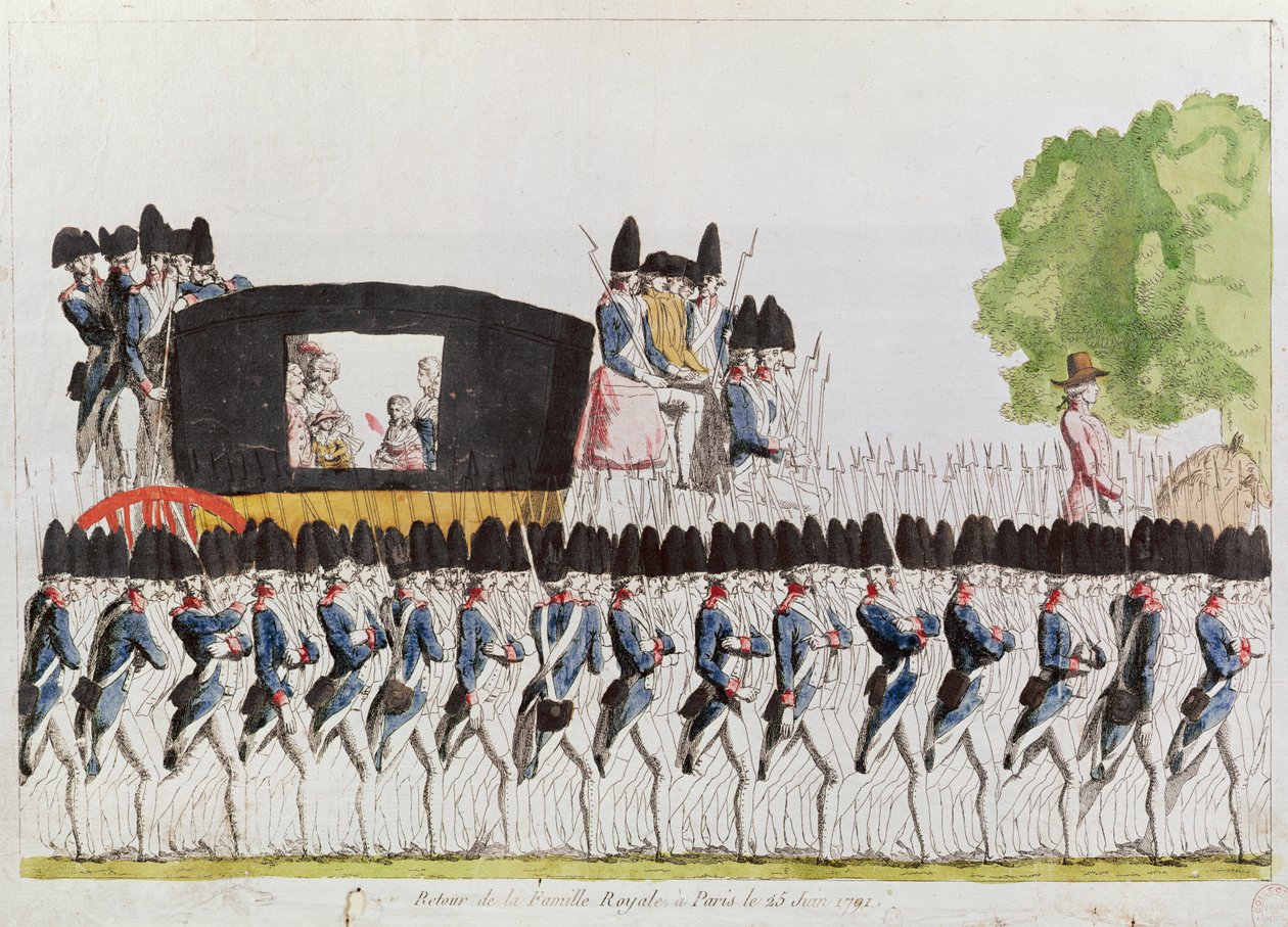 O retorno da família real a Paris, 25 de junho de 1791 (gravura a cores) de French School