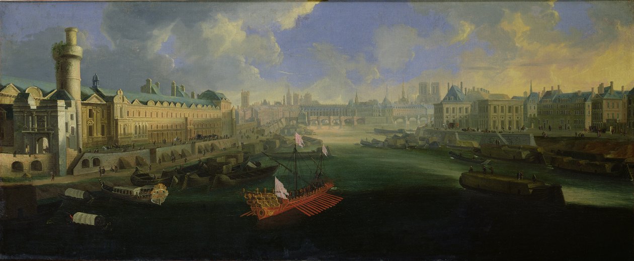 O rio Sena, Vista da Pont Neuf, O Louvre e o Colégio Mazarino, c.1665 de French School
