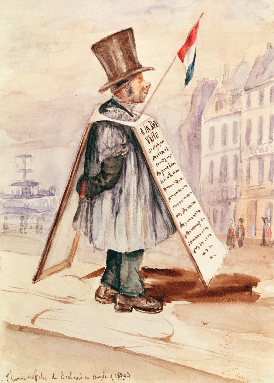 O homem do conselho de sanduíche, Boulevard du Temple, 1839 de French School