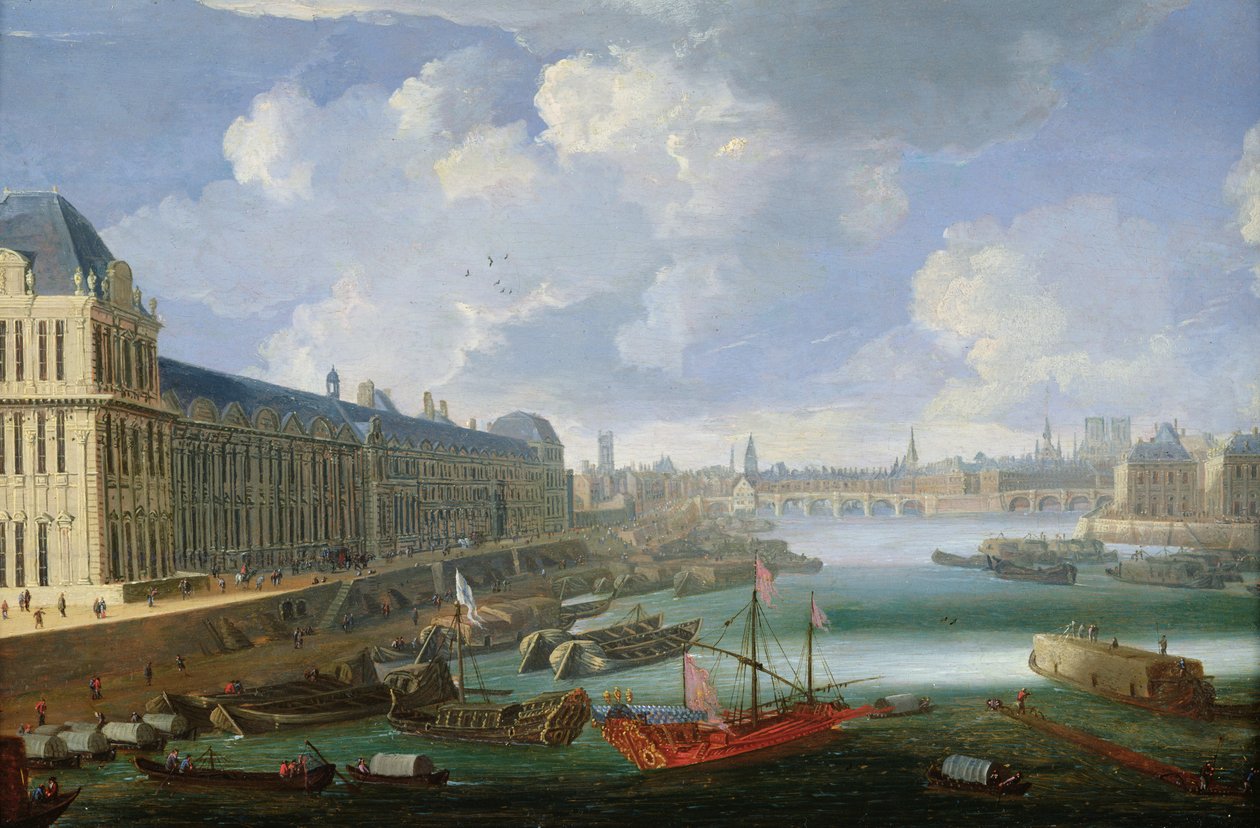 O Sena Visto Para o Pont-Neuf, o Louvre e o Colégio Mazarin, c. 1675 de French School
