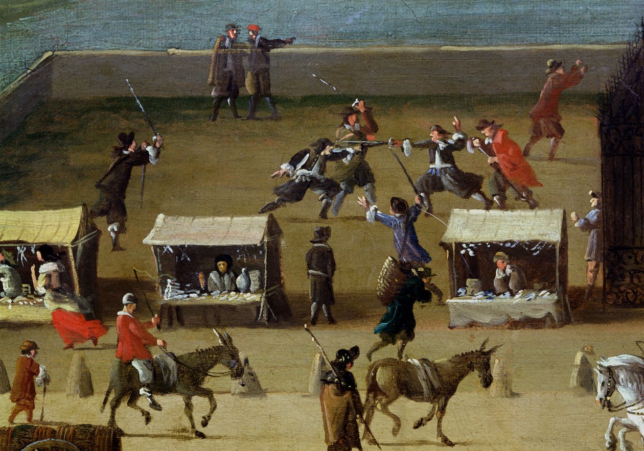O Sena, o Louvre e o Colégio das Quatre-Nações da Pont-Neuf, detalhe das barracas de mercado e os homens duelando, c.1665-70 de French School