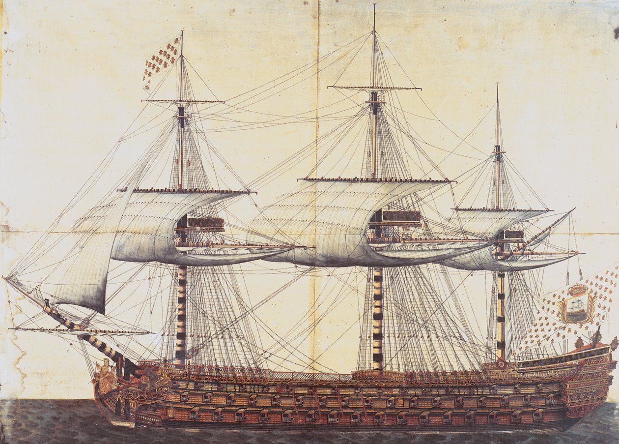 O navio &39;La Ville de Paris&39; lançado no porto de Rochefort, 19 de janeiro de 1760 de French School