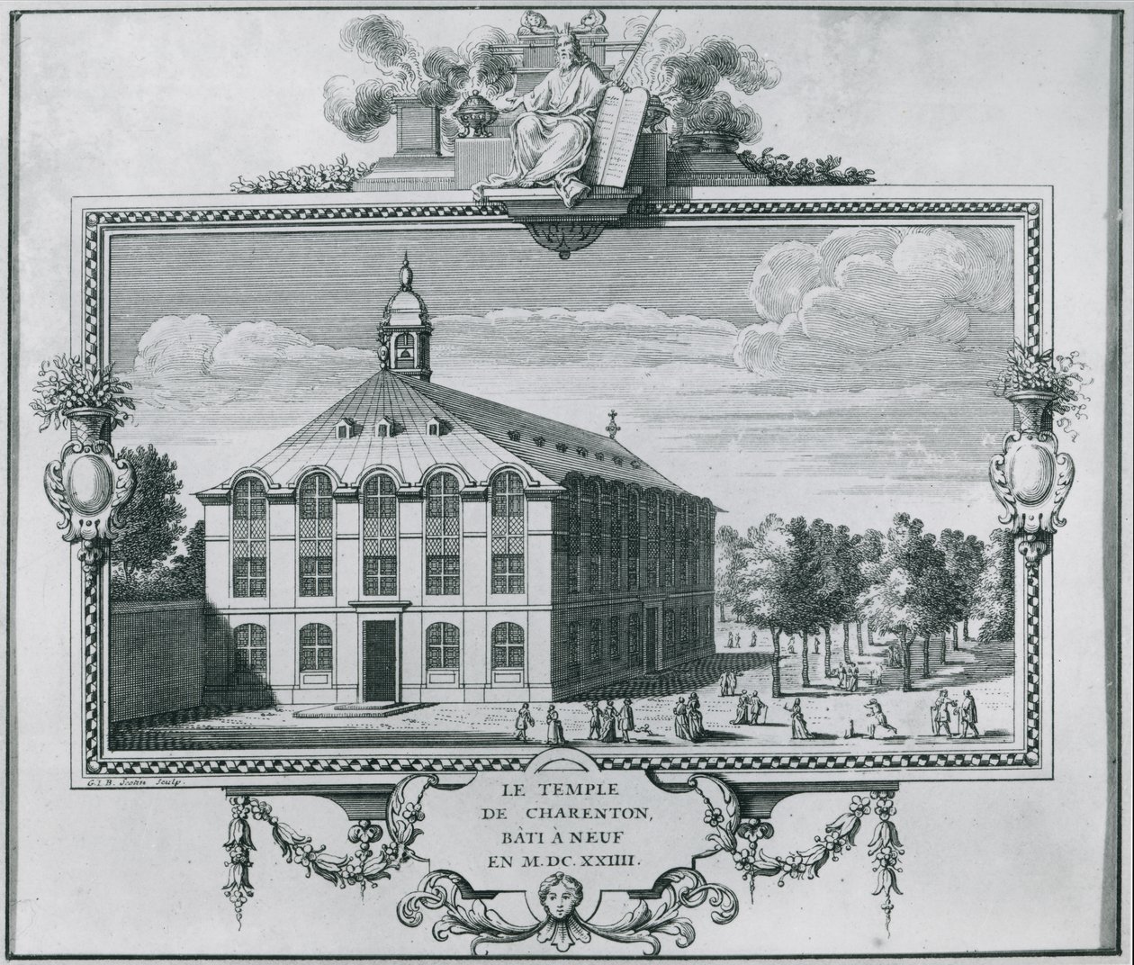 O Templo de Charenton, reconstruído em 1624, gravado por Gerard Jean Baptiste Scotin (1671-1716) de French School