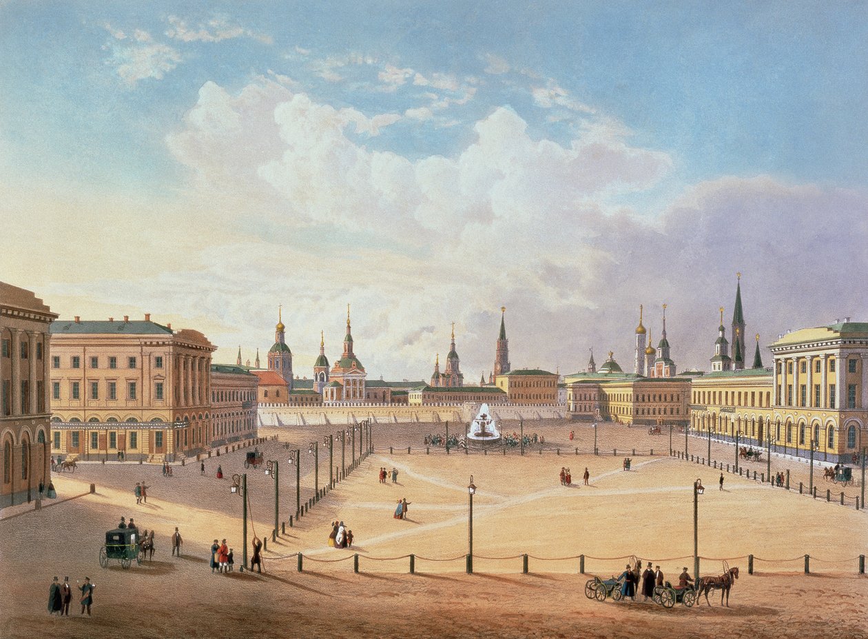 A Praça do Teatro em Moscou, impressa por Jacottet e Bachelier, de 1830 (litografia colorida) de French School