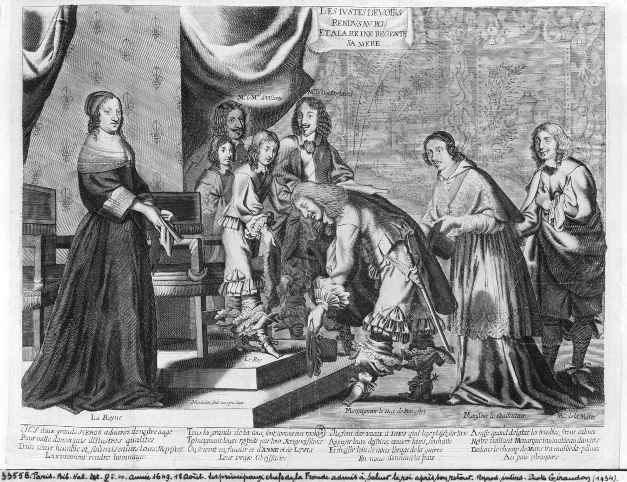 Os chefes da Fronda admitiram saudar o rei Luís XIV (1638-1715) após sua volta, em 18 de agosto de 1649. de French School