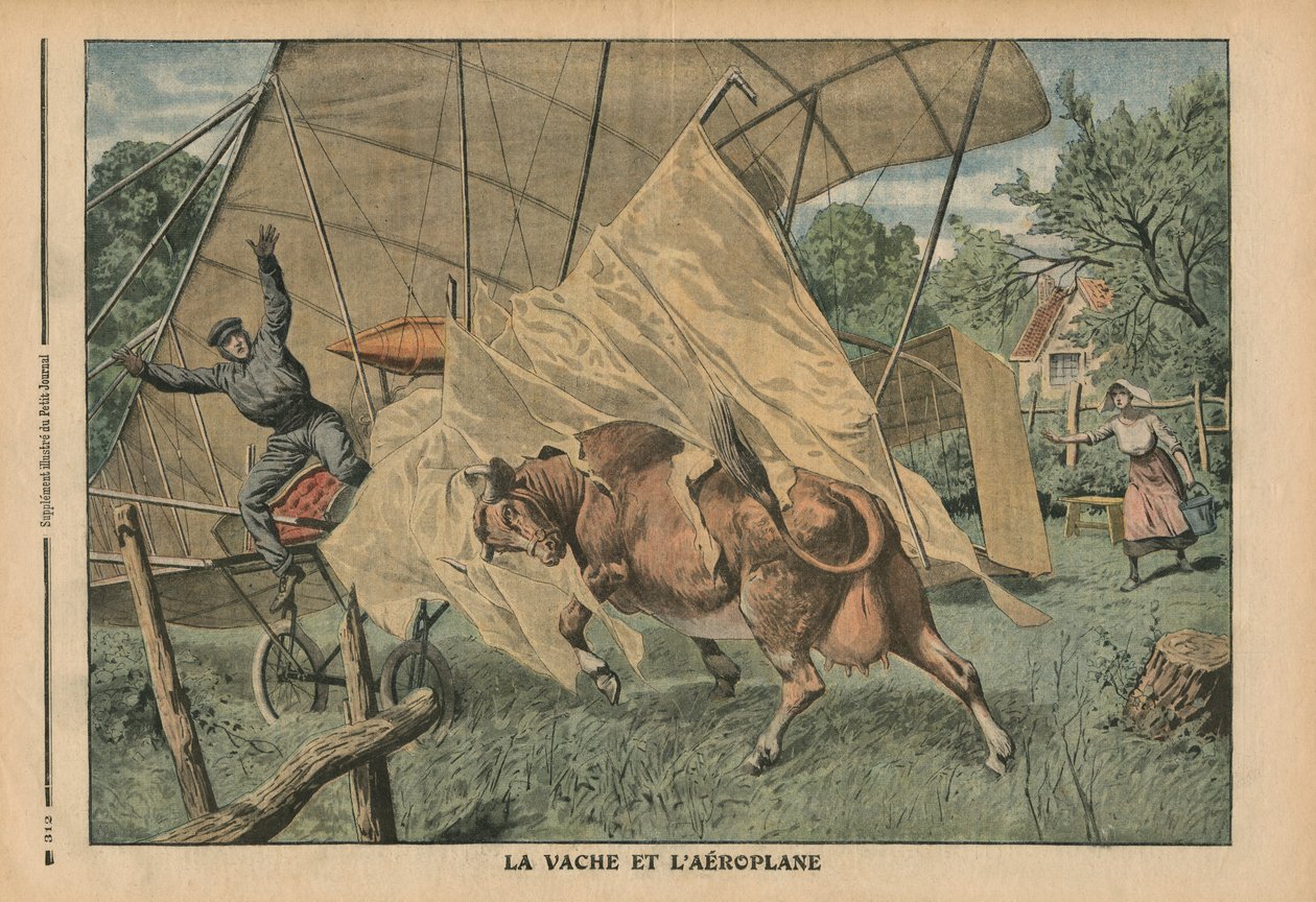 A vaca e o avião, ilustração de &39;Le Petit Journal&39;, suplemento ilustre, 25 de setembro de 1910 de French School