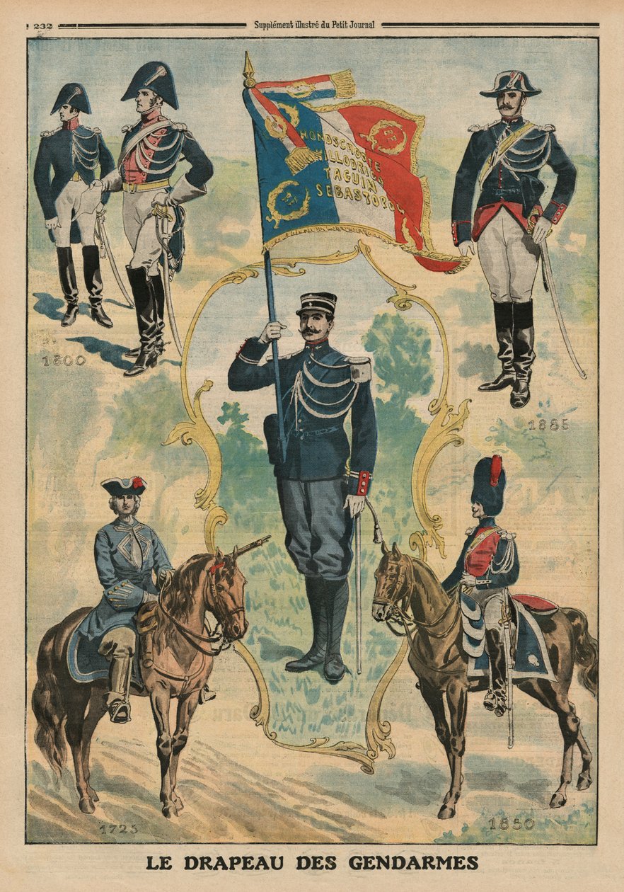 A bandeira dos Gendarmes, ilustração da capa do &39;Le Petit Journal&39;, suplemento ilustre, 20 de julho de 1913 de French School