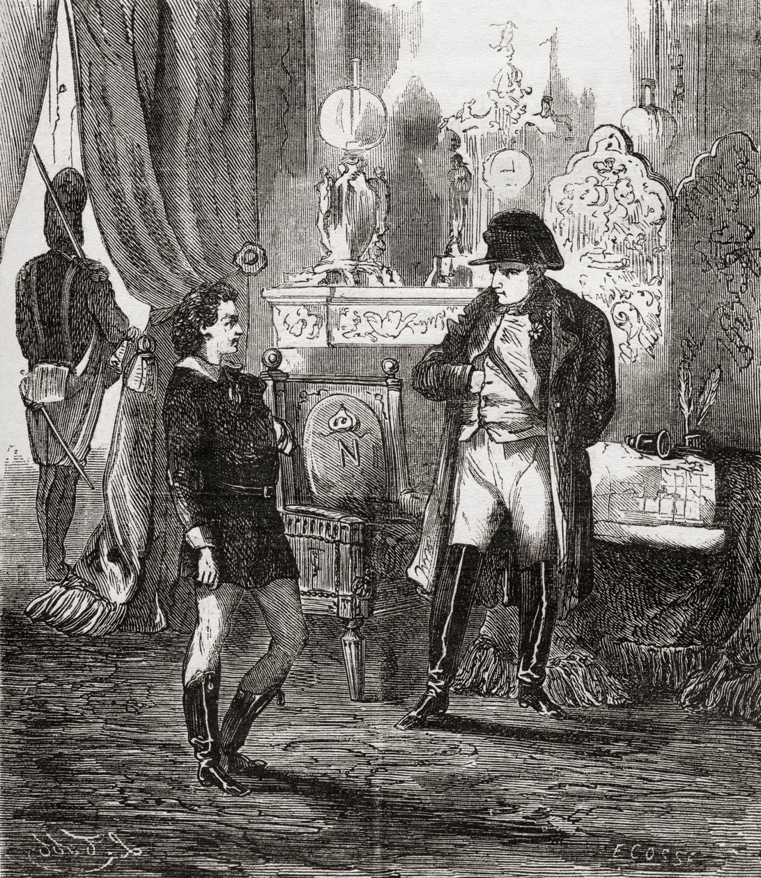 O interrogatório de Friedrich Stabs após sua tentativa fracassada de assassinar Napoleão I em 1809, de "Societes Secretes, les Francs Macons", publicado em 1887 de French School