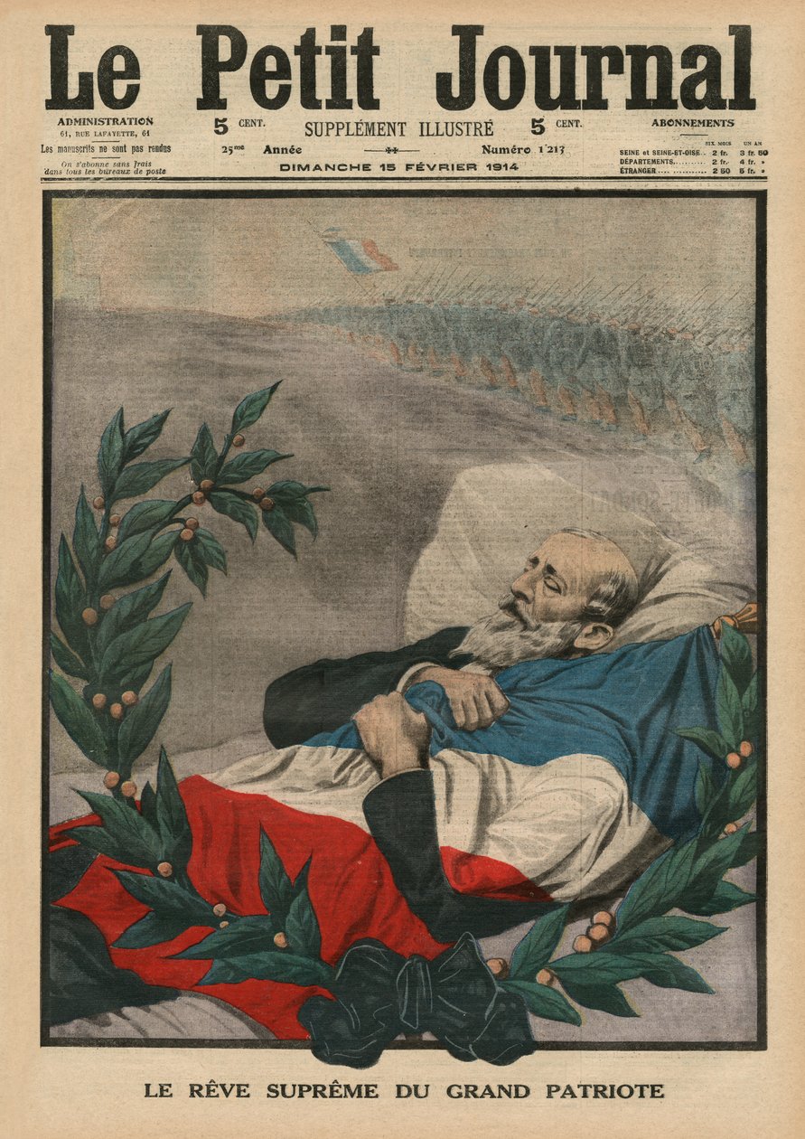 O último sonho do Grande Patriota, Paul Deroulede, ilustração coner frontal de &39;Le Petit Journal&39;, suplemento ilustre, 15 de fevereiro de 1914 de French School