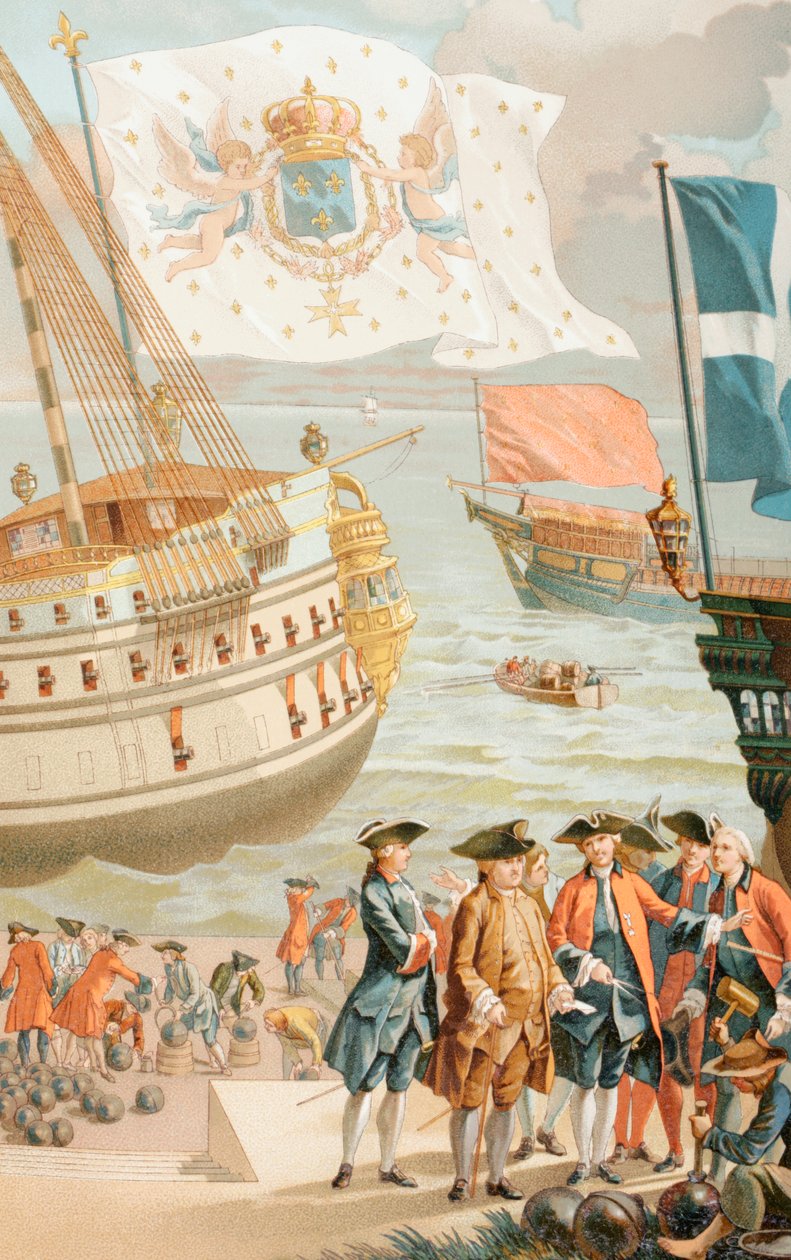 A bandeira real da França sobrevoando um navio da Marinha francesa do século XVIII, de &39;XVIII Siècle Institutions, Usages et Costumes&39;, publicado em 1875 de French School