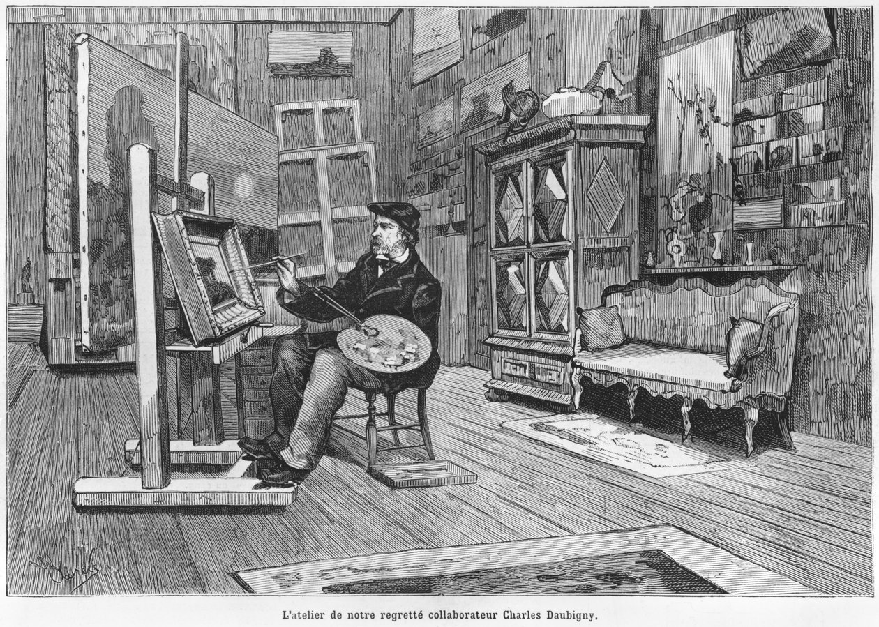 "O estúdio do nosso lamentado colaborador Charles Daubigny", ilustração de "Le Monde Illustre", nº 1092, 3 de março de 1878 de French School