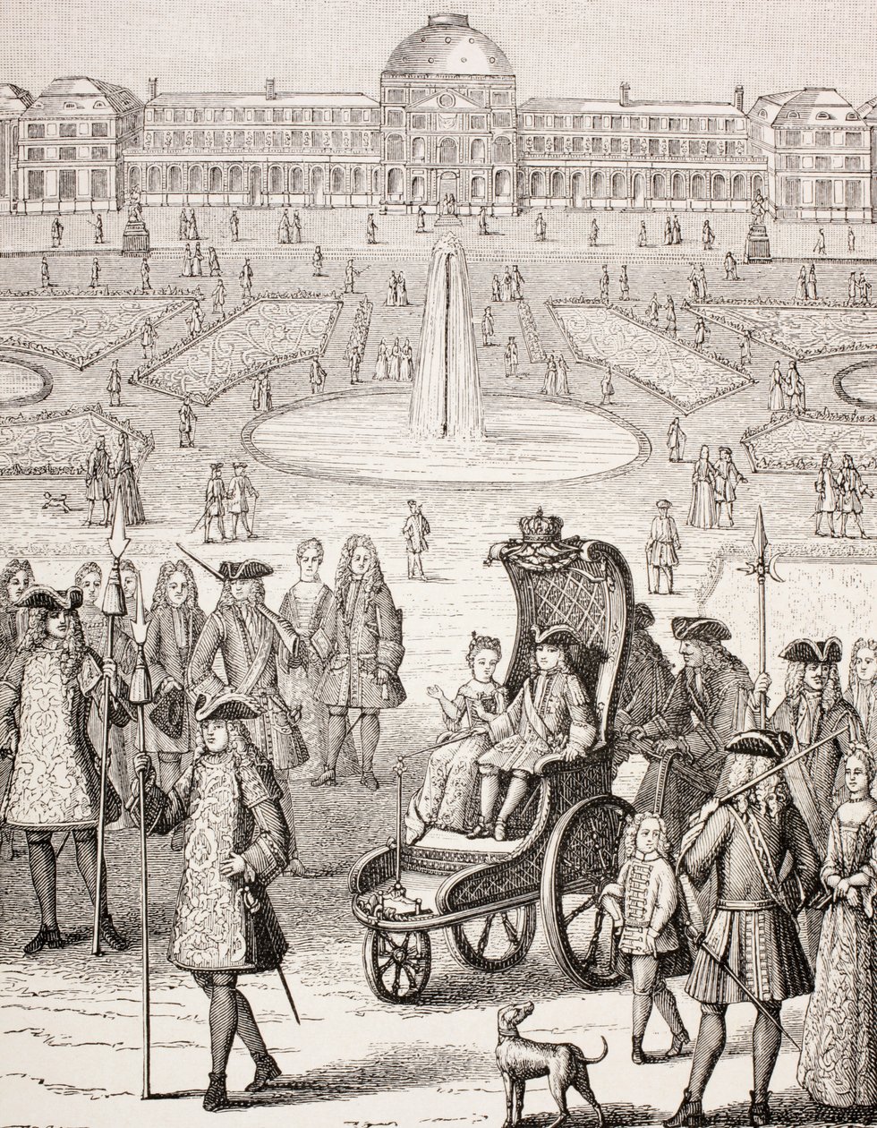 O jovem rei Luís XV passeando em uma carruagem nos Jardins das Tulherias, em Paris, de "XVIII Siecle Institutions, Usages et Costumes", publicado em 1875 de French School