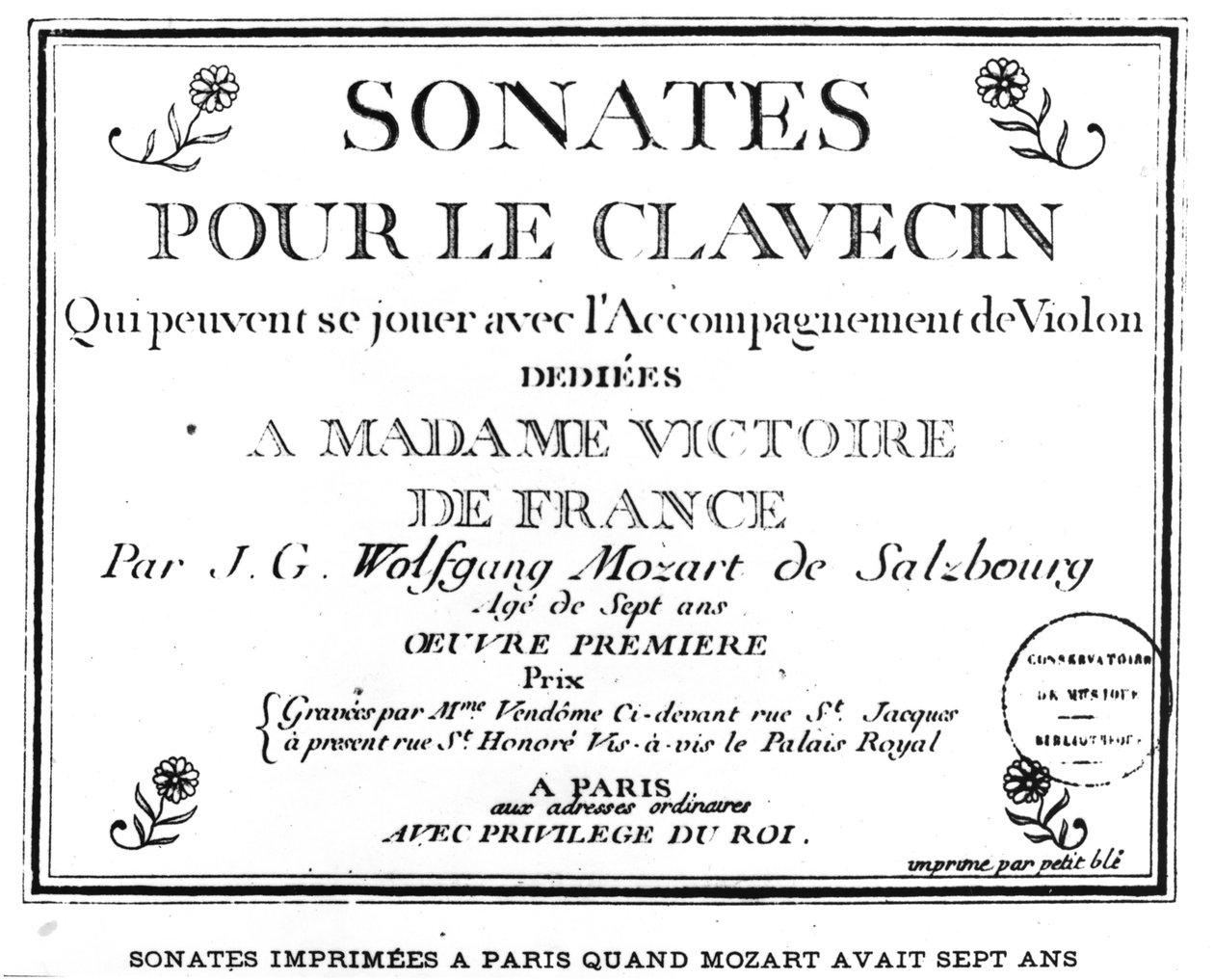 Página de título de "Sonatas para o cravo" dedicado a Madame Victoire de France (1733-1799) por Mozart (1756-91), publicado em Paris em 1764 de French School
