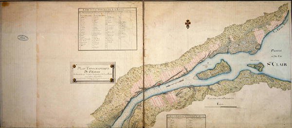 Mapa topográfico de Detroit, 1796 (caneta e tinta e wc sobre papel) de French School