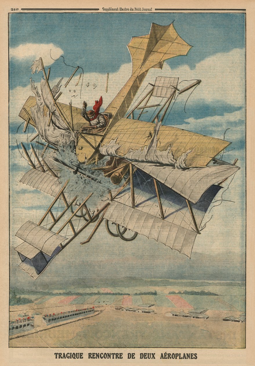 Colisão trágica de dois aviões, ilustração de capa traseira do &39;Le Petit Journal&39;, suplemento ilustrativo, 6 de julho de 1913 de French School