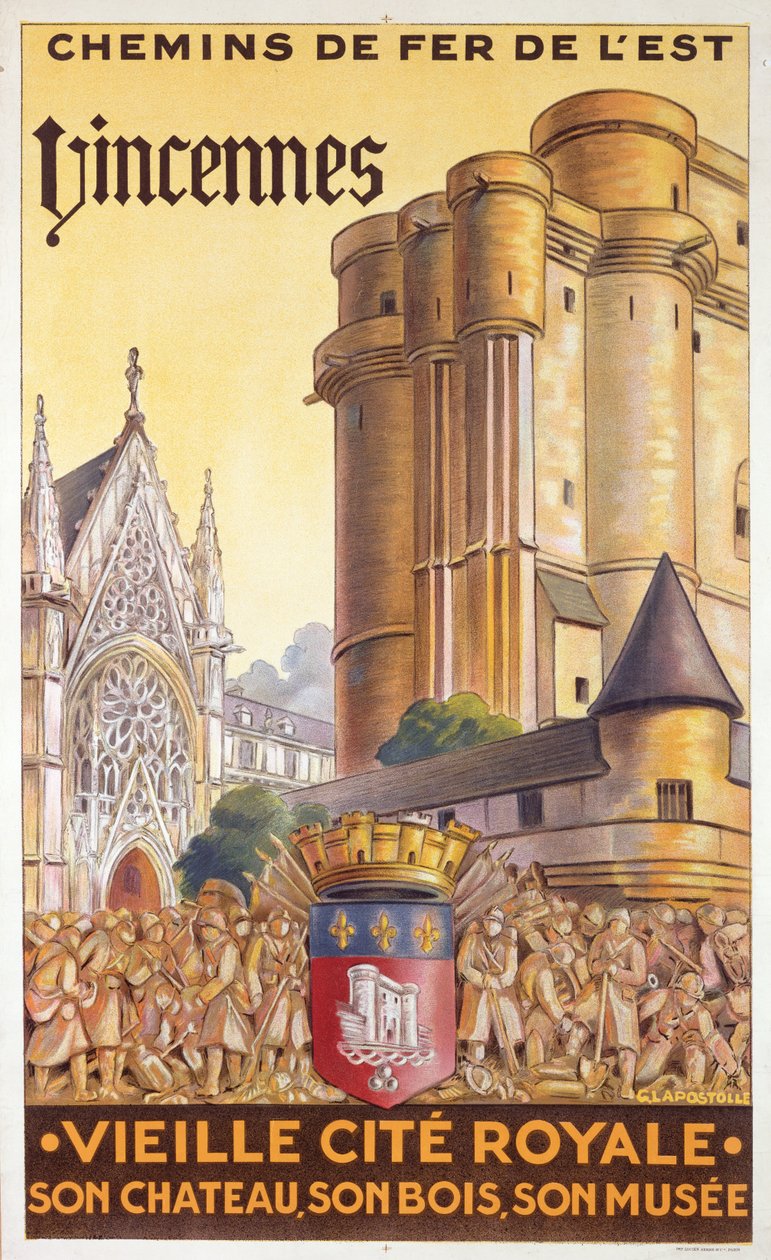 Cartaz de viagem das viagens publicitárias Chemin de Fer de l&39;Est a Vincennes, c.1920 de French School