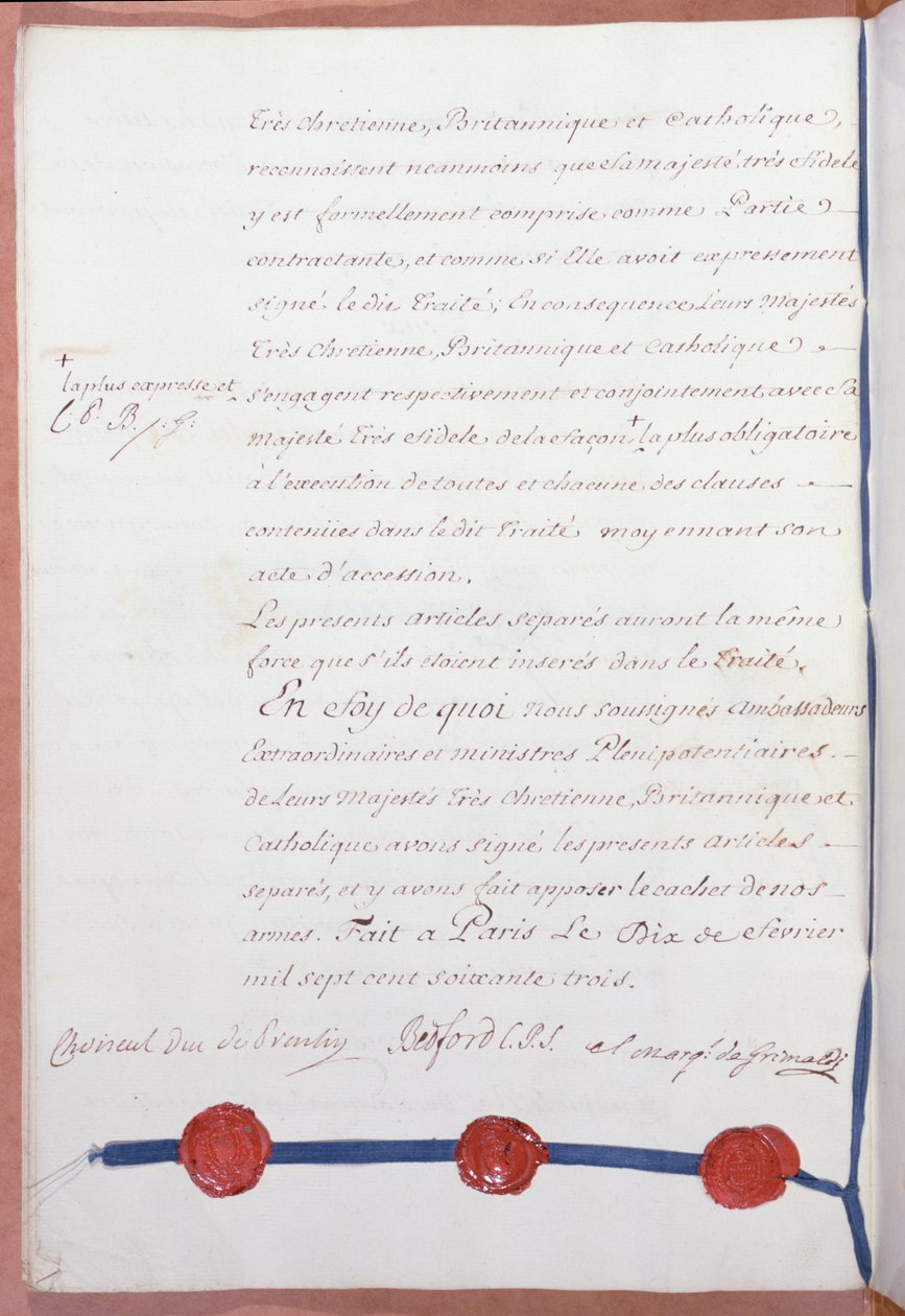 Tratado de Paris, terminando a Guerra dos Sete Anos, assinada pela França, Grã-Bretanha e Espanha em 10 de fevereiro de 1763 de French School