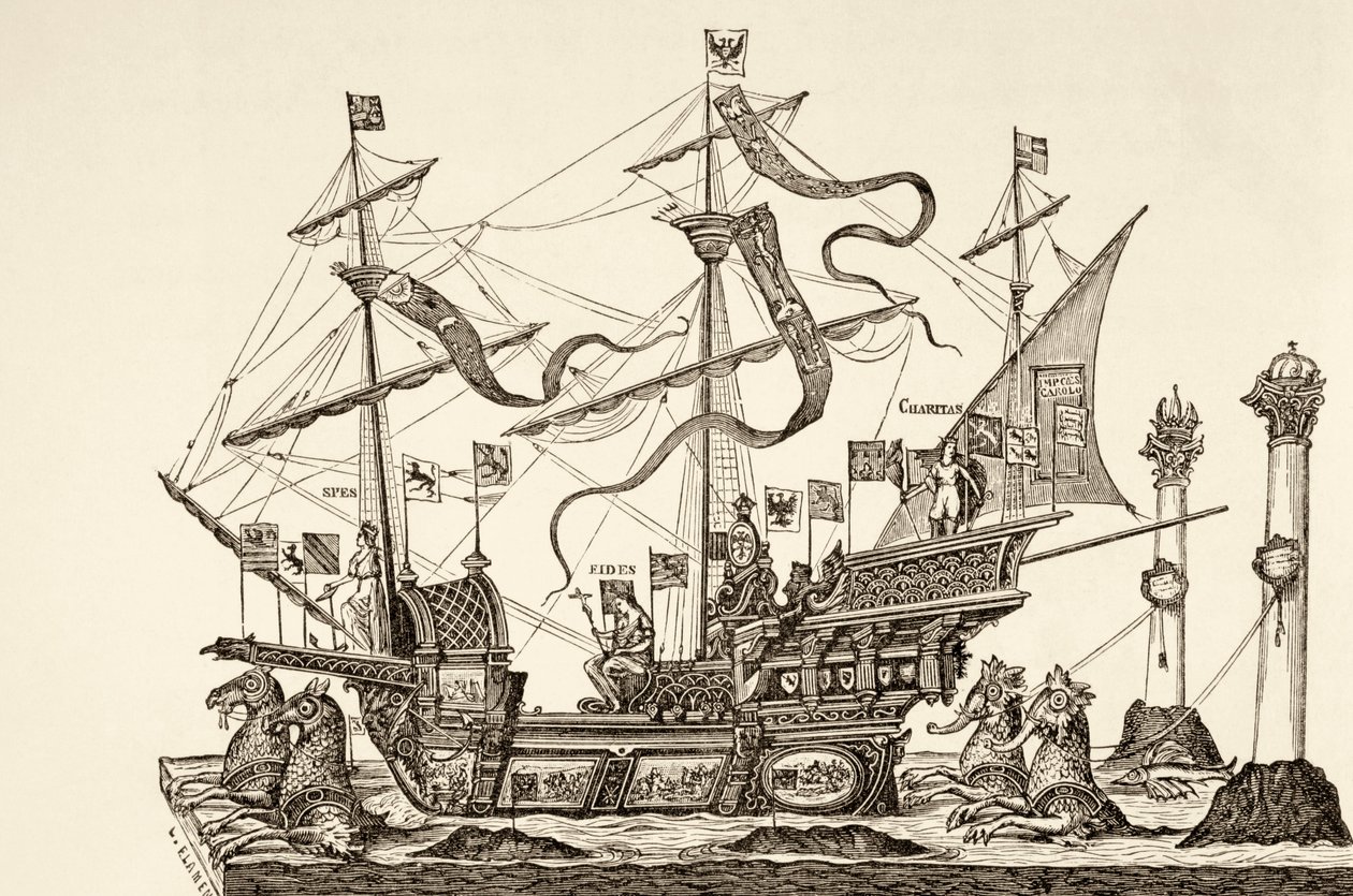 Embarcação triunfal desenhada em uma carroça em Bruxelas, em 1558, de "A vida militar e religiosa na Idade Média", de Paul Lacroix, publicada em Londres, c.1880 de French School
