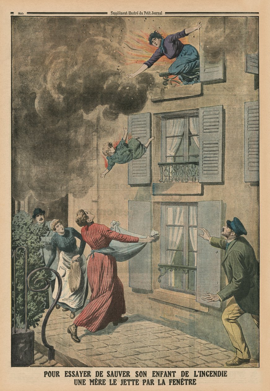 Tentando salvar seu filho do fogo, uma mãe o joga pela janela, ilustração da capa do "Le Petit Journal", suplemento ilustrado, 9 de março de 1913 de French School
