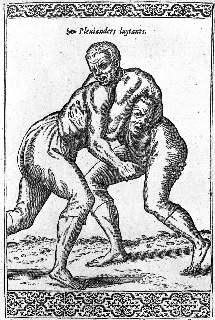 Lutadores turcos, ilustração de &39;Navigations, peregrinations and travels, falso na Turquia&39; por Nicolas de Nicolay, publicado em 1577 de French School