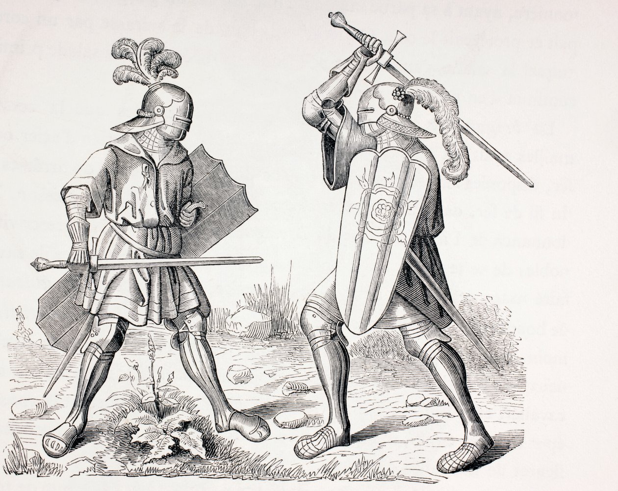 Dois cavaleiros totalmente blindados do século 15 lutando com espadas e escudos, de &39;Les Arts au Moyen Age&39;, publicado em 1873 de French School