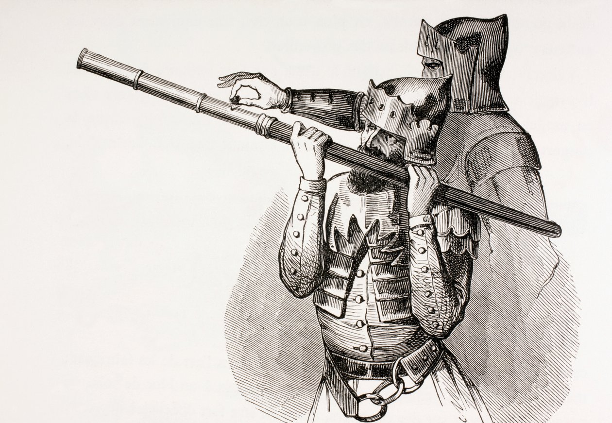 Dois soldados do século 15 com uma arma de mão ou bastão de disparo, de "Les Arts au Moyen Age", publicado em 1873 de French School