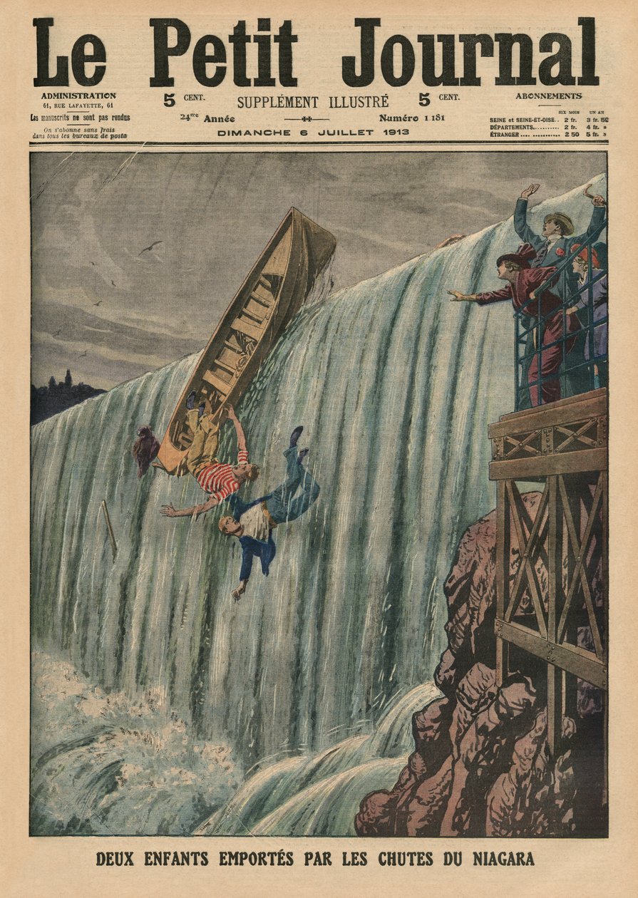 Duas crianças levadas pelas Cataratas do Niágara, ilustração da capa do &39;Le Petit Journal&39;, suplemento ilustrativo, 6 de julho de 1913 de French School