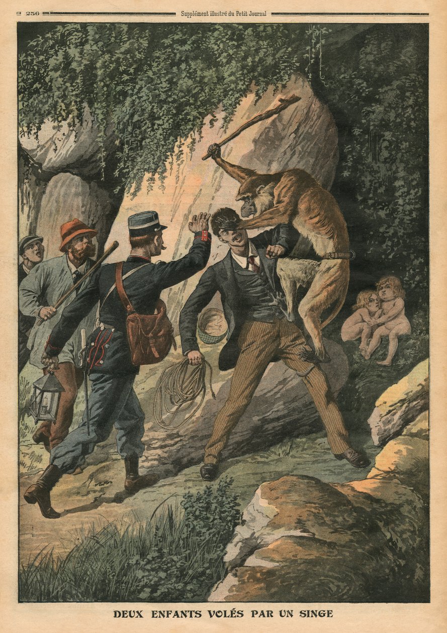 Duas crianças roubadas por uma macaca, ilustração de &39;Le Petit Journal&39;, suplemento ilustre, 7 de agosto de 1910 de French School