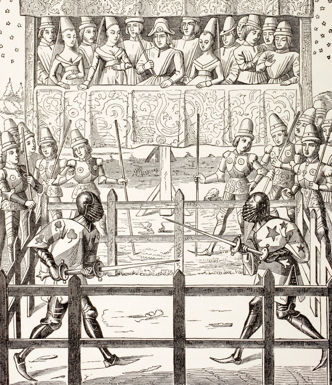 Dois combatentes começam um duelo judicial, de "A vida militar e religiosa na Idade Média", de Paul Lacroix, publicado em Londres, c.1880 de French School