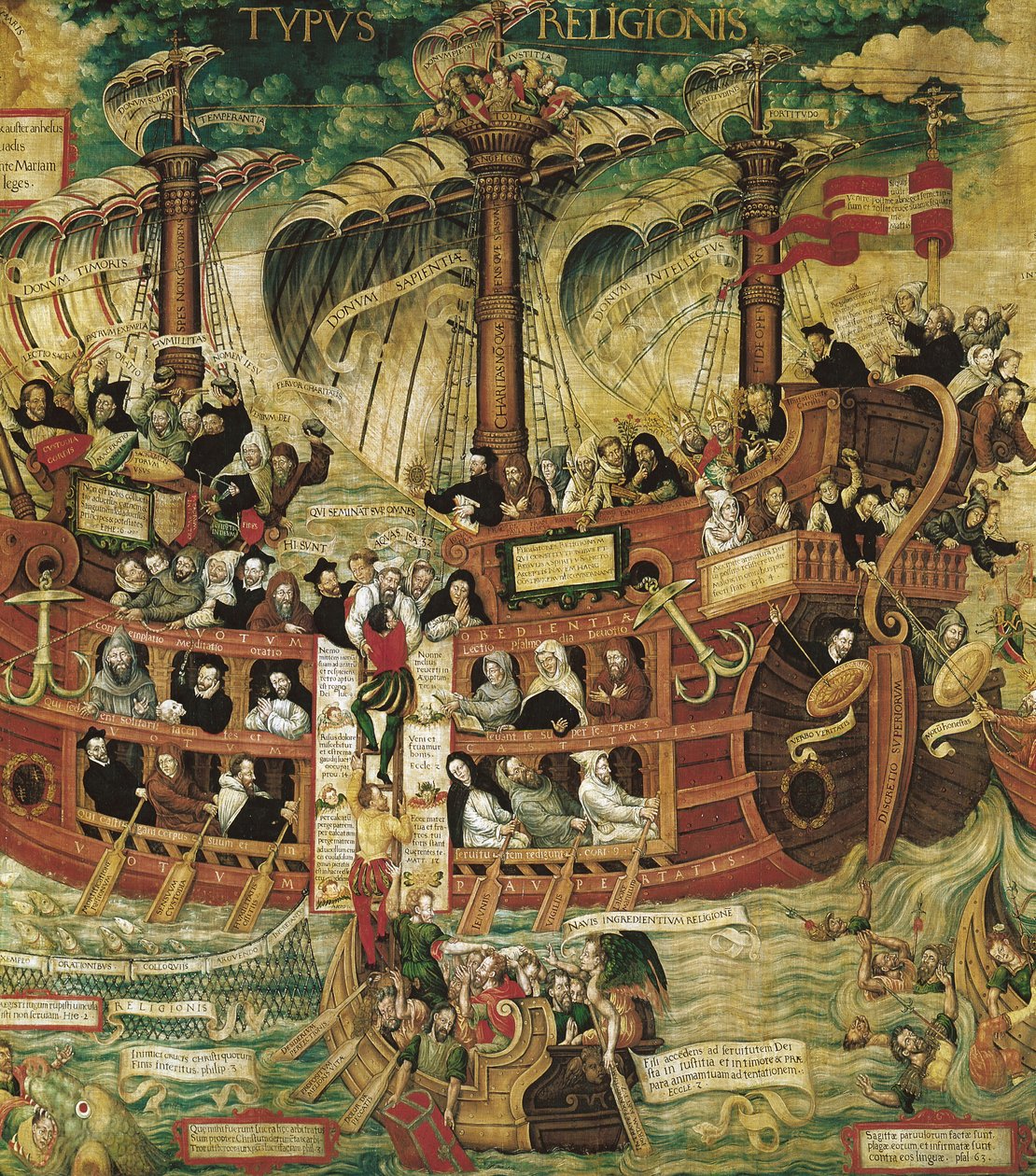&39;Typus Religionis&39;, Alegoria da Companhia de Jesus, detalhe da parte central representando um navio de três mastros transportando os fundadores das Ordens de French School