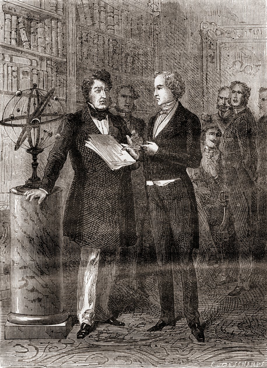 Urbain Jean Joseph Le Verrier, à direita, recebido pelo rei Louis-Philippe, à esquerda, no The Tuilleries, Paris, França, após sua descoberta do planeta Netuno em 1846, de Les Merveilles de la Science, pub de French School