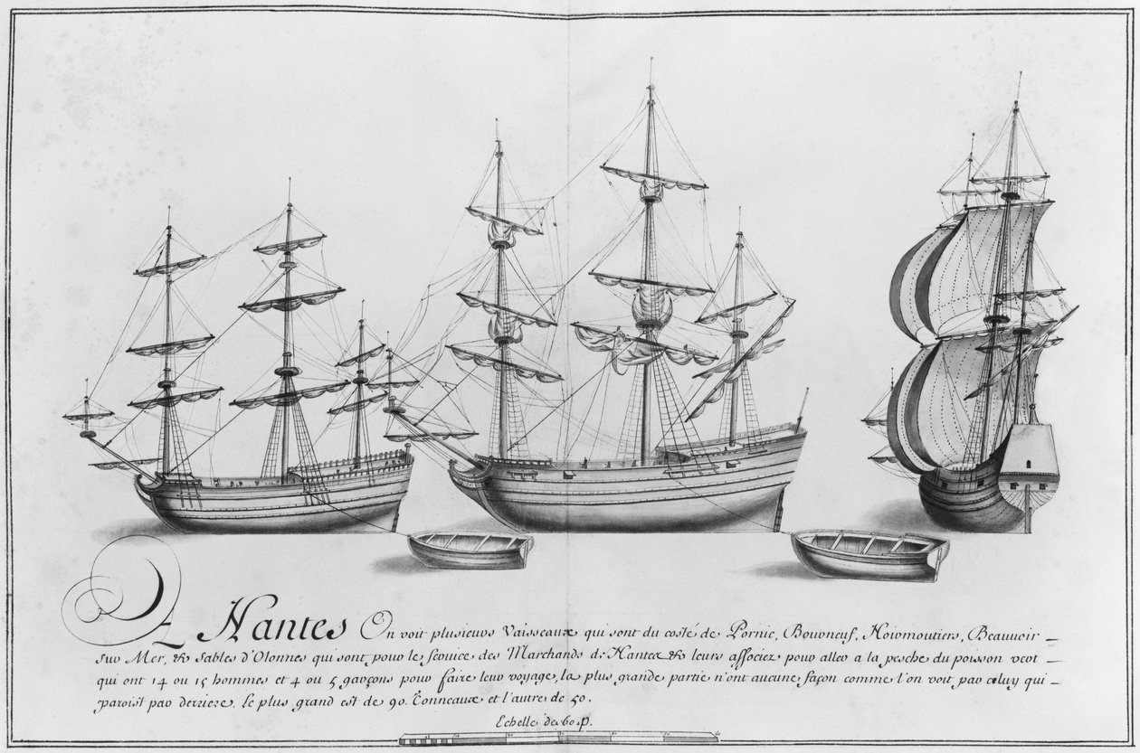 Navios, Nantes, ilustração de &39;Desenhos de diferentes caminhos de navios ... de Nantes a Bayonne ...&39;, 1679 (lápis e wc no papel) (papel bw) de French School