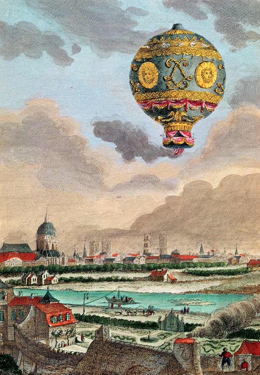 Vista do terraço de Monsieur Franklin no Passy do primeiro vôo sob a direção de Monsieur de Montgolfier, 21 de novembro de 1783 de French School