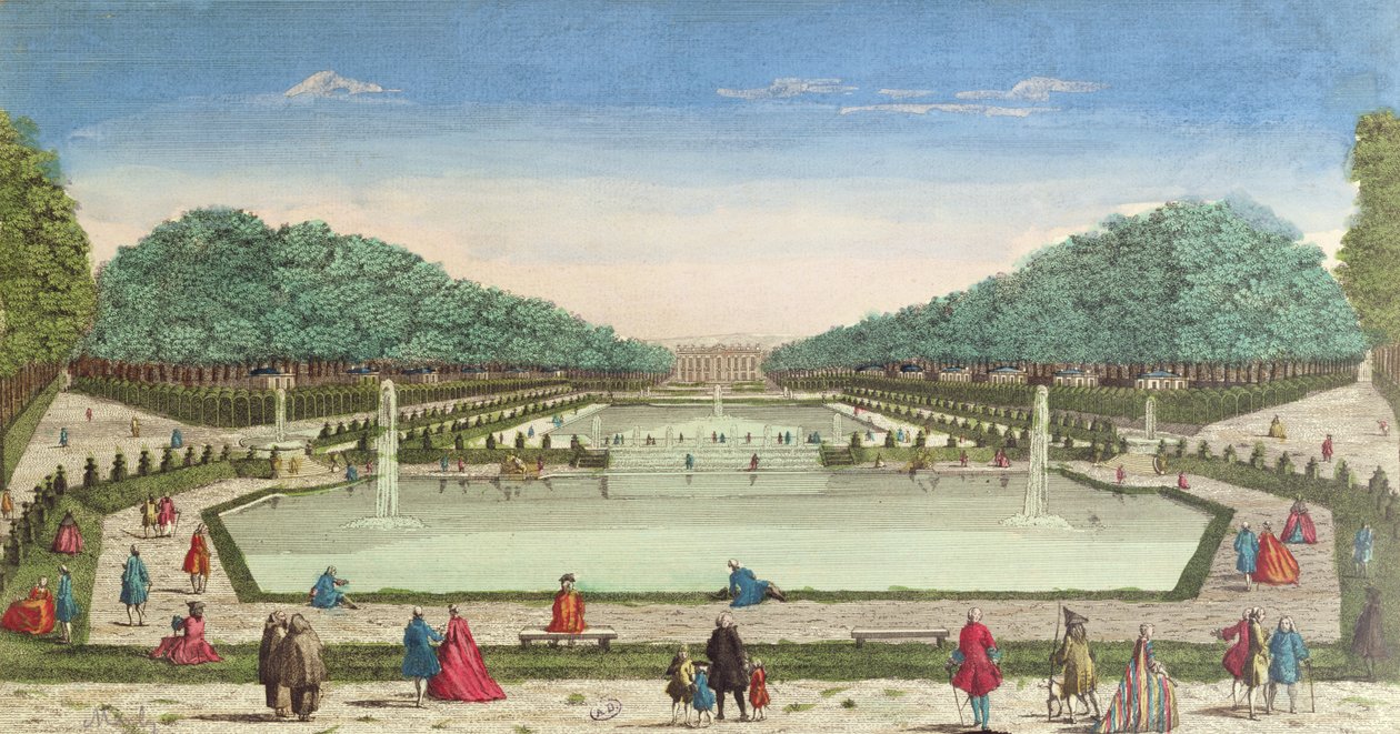 Vista dos jardins e o Chateau de Marly (gravura a cores) de French School