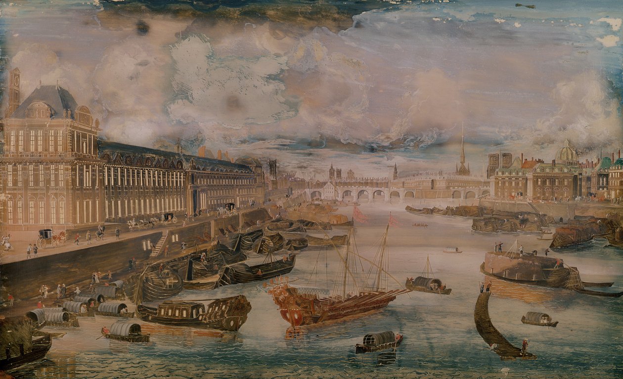 Vista do Sena, da Grande Galerie do Louvre e do Colégio das Nações Quatre, c.1680 de French School