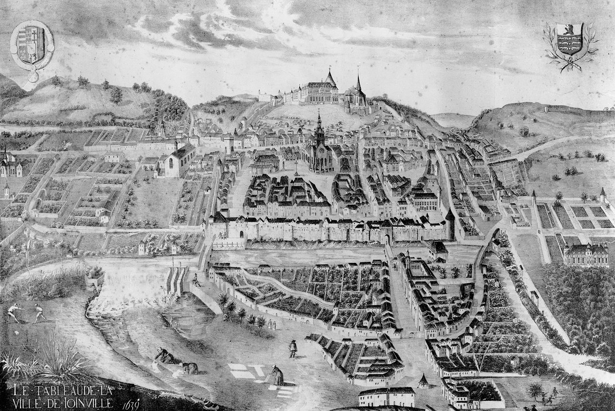 Vista do castelo e da cidade de Joinville, de uma pintura de 1639 de French School
