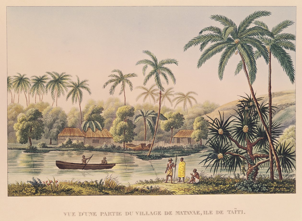 Aldeia de Matavae, Tahiti, ilustração de &39;Viagem ao redor do mundo em Corvette Coquille&39; pelo tenente Louis Isodore Duperrey de French School