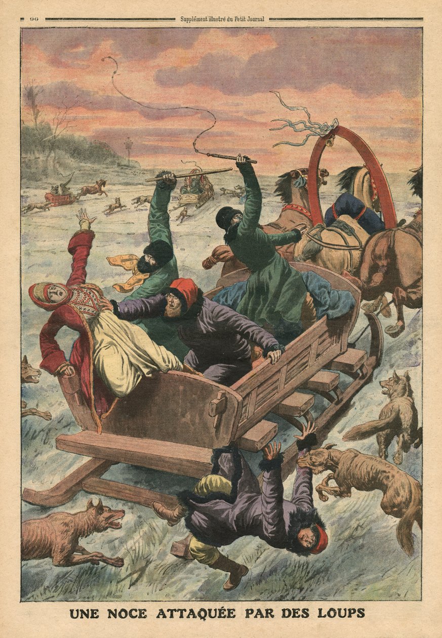 Festa de casamento atacada por lobos, ilustração de &39;Le Petit Journal&39;, 19 de março de 1911 de French School